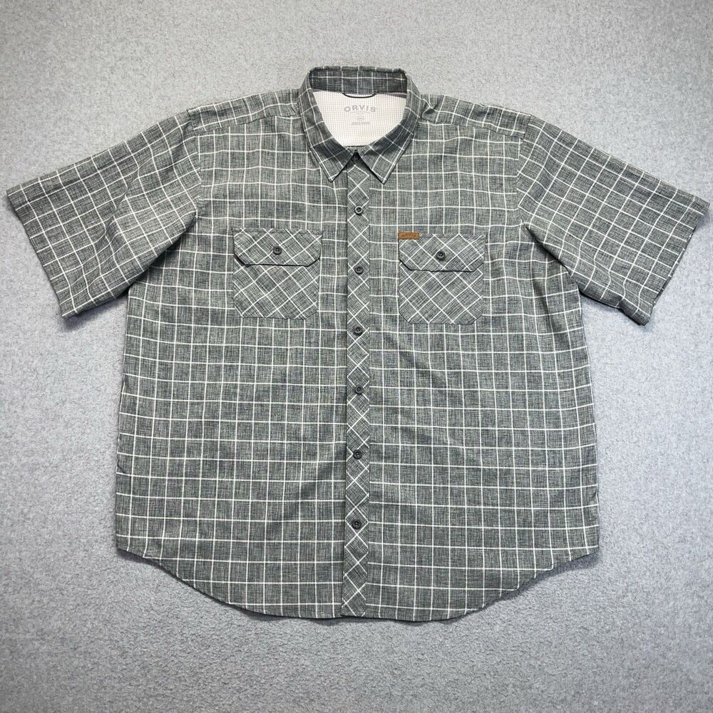 Orvis Button-Down Shirt Men’s 2XL Gray White Windowpane Plaid Short Sleeve